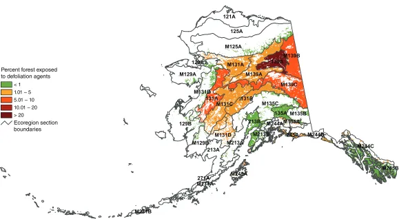 Figure 2.5—Percent of surveyed forest in Alaska ecoregion sections exposed to defoliation-causing insects and diseases in 2010