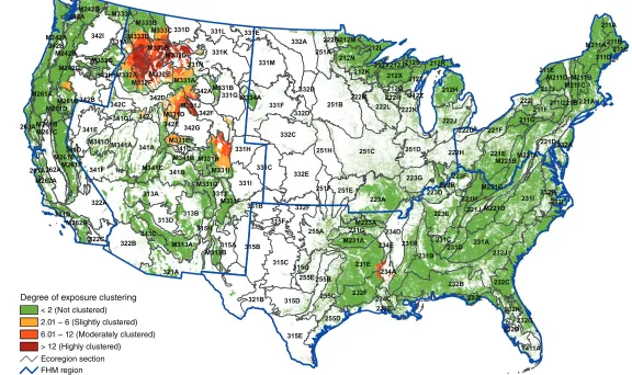 Figure 2.2—Hot spots of exposure to mortality-causing insects and diseases in 2010. Values are Getis-Ord Gi* scores, with values greater than 2 representing significant clustering of high percentages of forest area exposed to mortality agents