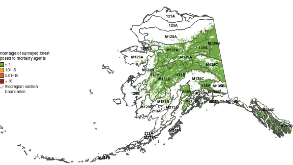 Figure 2.4—Percentage of surveyed forest in Alaska ecoregion sections exposed to mortality-causing insects and diseases in 2014