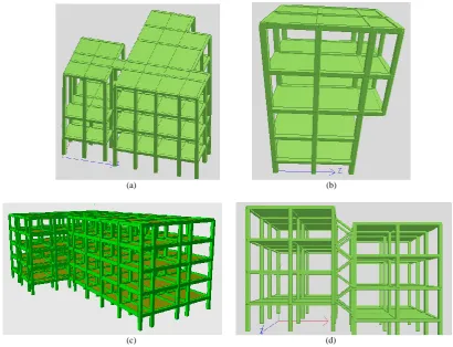 Fig. 1. 3D building models (a) Wing Type Building (b) Building supported at different elevation (c) L-shaped Building (d) Twin building  supported at different elevation and interconnected with staircase