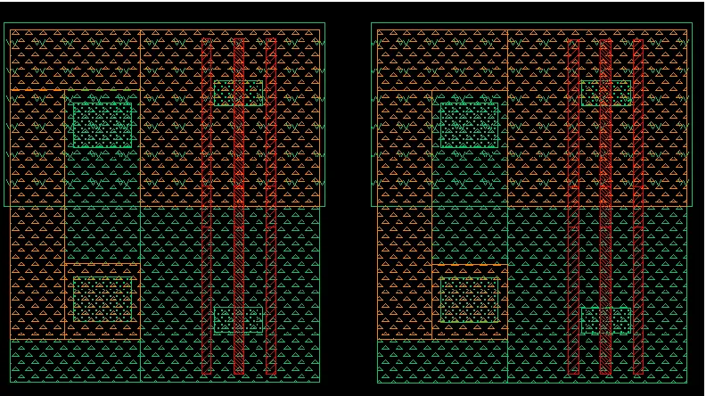 Figure 11: Two inverter circuits with separate well contacts (generates LVS errors) 