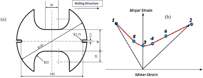 Fig. 1. (a) Blank geometry for Nakajima type tests, and (b) Schematic drawing of FLC test points