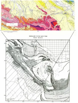 Figure 1. The approximate location of the study area on tectonic map of Iran [2] and 1/100.000 geological map of Rayen.