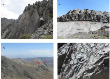 Figure 2. (a) Nonwelded tuff with a tent structure or sugarloaf structure; (b) Three different structures in pyroclastic rocks; alayer of welded tuff is located between two volcanic surge deposits