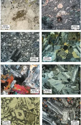 Figure 3. Some microphotographs of different rock types in HIC: a) A decomposing amphibole crystal in an andesitic basalt; b)Flow texture in a pyroclastic rock whose pores filled with secondary products such as calcite; c) Rhyolite with columnar structurei