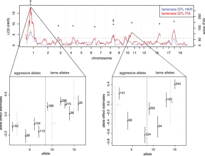Figure 1 Tameness QTL mapping. Genome-wide statistical support for QTL affecting tameness in analyses assumingQTL on chromosomes 1 and 10 are shown below