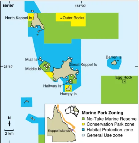 Figure 1. Map of the Keppel Island group showing the approximatelocation of 20 monitoring sites (white markers) and the arrangementof management zones