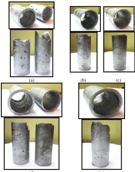 Figure 5. The fabricated AlSi hypoeutectic alloy tubes produced by the horizontal centrifugal casting machine; (a) at mold rotation speed 405 RPM; (b) at mold rotation speed 690 