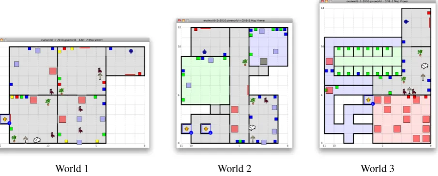 Figure 2: The three GIVE-2 evaluation worlds.