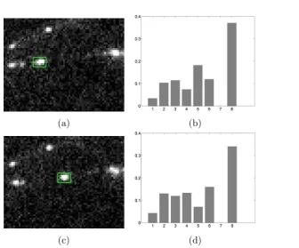 Figure 2.15: An example of the appearance model used for tracking (a) a highlighted vesicle atframe 1; (b) the appearance model of the highlighted vesicle in (a); (c) the same highlighted vesicleat frame 2; (d) the appearance model of the highlighted vesicle in (c) (Reproduced from [18])