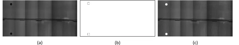 Figure 3 Trepanned hole detection using Hough Transform for circle detection – (a) original image (b)  Binary result of circle detection algorithm (c) circles detected overlaid on original and filled in  