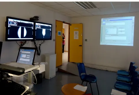 Figure 3. Meeting room showing the plasma displays in front with screenfrom mobile computer projected onto the side-wall of the room