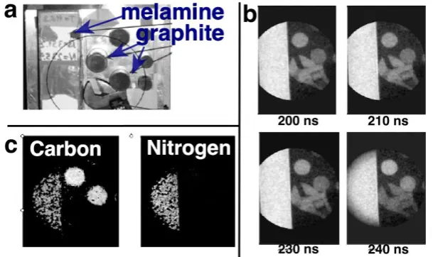 Figure 29 – Accelerator based, ns-level resolution FNRR.  Figures adopted from [152]. (a) The sample containing carbon rich and nitrogen rich materials