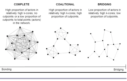 Fig. 2. Example of a complete, coalitional, and bridgingnetwork classified by Crowe’s (2007) framework foranalyzing community network structures, adapted fromRamirez-Sanchez and Pinkerton (2009).