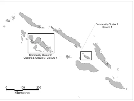 Figure 1. Map of study sites. The regions of Solomon Islands in which the two community clusters and four periodically-harvested closures weresituated.doi:10.1371/journal.pone.0073383.g001