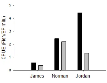 Figure 1.2.  Electrofishing catch per unit effort (CPUE) of white perch by shoreline electrofishing in 2009 (black bar) and 2010 (gray bar)