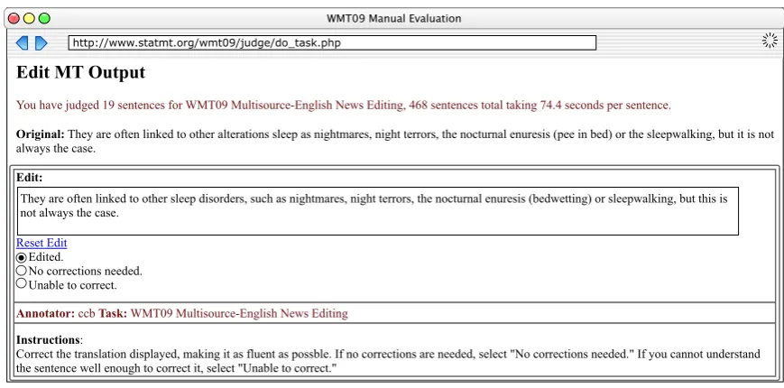 Figure 2: This screenshot shows an annotator editing the output of a machine translation system.
