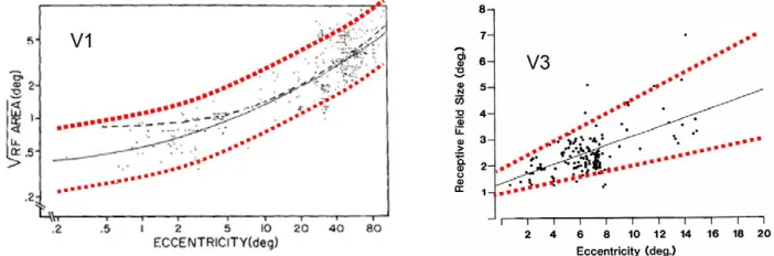 Figure 7. The scatter plot on the left panel is a double-logarithmic plot of the receptive field sizes in the Cebus monkey area V1 fromGattass et al