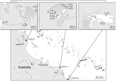 Fig. 2.1 The location of three flow-through aquaculture farms along the North Australian coastline