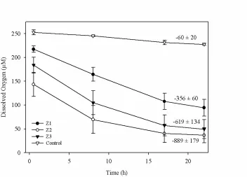 Fig. 3.2 Mean (concentration at each zone over the 22 h incubation period. Mean (n = 6 cores from each zone or n = 3 control cores) dissolved oxygen n = 6 cores from each zone or n = 3 control cores) O2 flux rate (µmol m-2 h-1) is noted next to each line