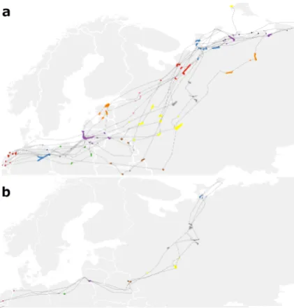 Figure 1: Migration tracks of (a) 12 individual white-frontedgeese and (b) one white-fronted goose during 3 successiveyears, from 1 March – 15 June