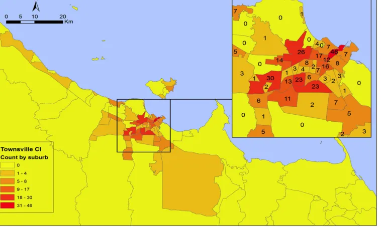 Figure 3. Geospatial mapping of Townsville’s Creative Industries by suburb (2013). 
