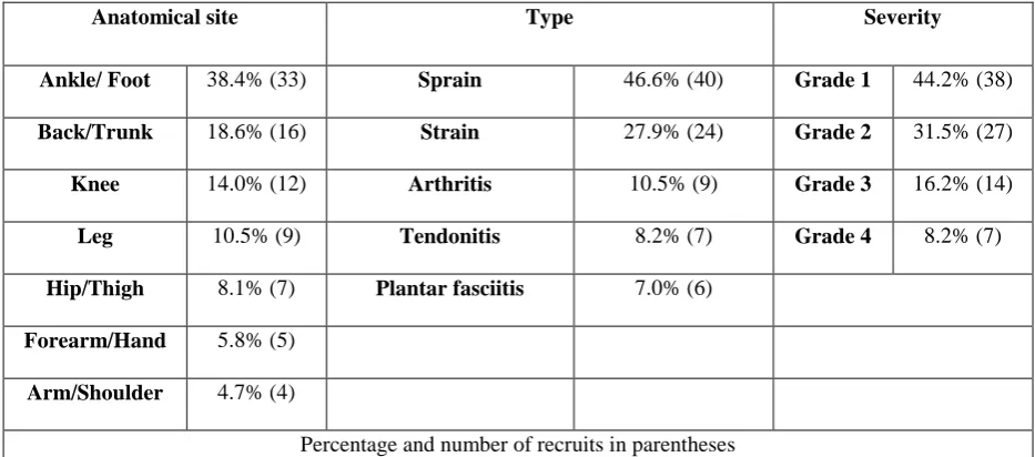 Table 1. Injury characteristics by proportion of incidence. 
