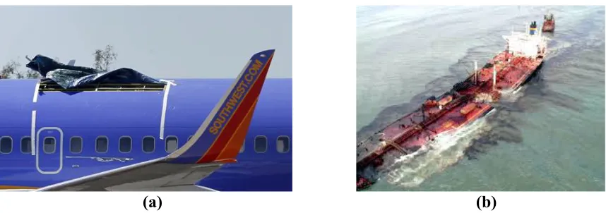Fig. 1. (a) Damaged airplane fuselage and (b) oil spill from a tanker 