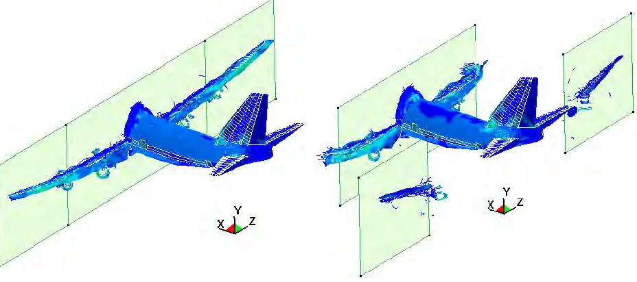 Figure 4. Impact state at t=0.3sec in case of a “planar” and “offset” rigid wall setup 