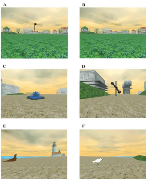 Figure 1.Screenshots from the memory island navigation task (A and Bshow the same view as it appeared in the visible and hidden conditions ofthe experiment, respectively; C, D, E, and F show the target objects usedduring the visible trials; D shows the target object used for the hiddentrials).
