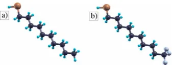 FIG. 4. �it is not displayed here. Color code: C=black, S=dark graythe HOMO-1 state,onlinedecanethiol molecule terminated with the CHonlineDOS for the molecule terminated with the CFColor online� Local density of states for the isolated3 group showing: �a�