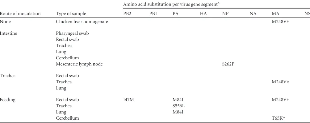 TABLE 2 Amino acid substitutions identiﬁed in consensus protein sequences of HPAIV H5N1 used andisolated in the present and previous studiesa