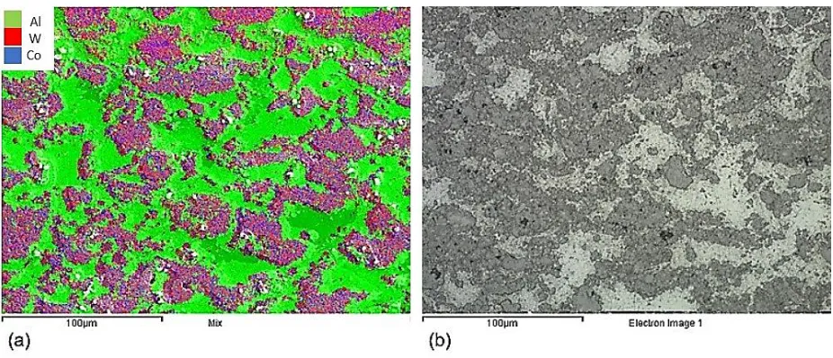 Fig 5. a) EDS image map showing distribution of tungsten and cobalt within the aluminium matrix, b) light optical micrograph of an equivalent region in the WC-CoCr coating [x500 unetched]