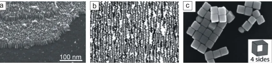 Figure 1.6. Images of colloidal assemblies from anisotropic particles, including (a) rod-shaped particles assembled into a colloidal crystal,249 (b) metallodielectric Janus particles that assemble in staggered chains with metal sides facing,254 and (c) cube-shaped particles that assemble into sheets because only 4 sides are functionalized to be attractive.258  