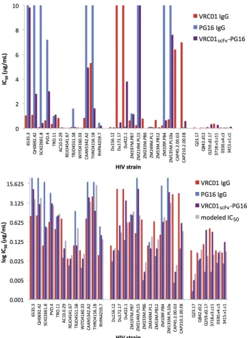 FIG 3 Histograms displaying ICs (�-PG16 (purple) (top; linear scale) or VRC01 IgG (red), PG16scFvs of VRC0150g/ml) of VRC01 IgG (red), PG16 IgG (blue), and VRC01IgG (blue), VRC01scFv-PG16 (purple), and the modeled IC50-PG16 (light purple) (bottom; logarithmic scale).scFv