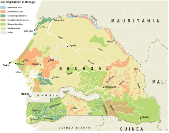 Figure 13. Map of soil degradation types in Senegal. Source: (UNCCD, 2012): page 15 