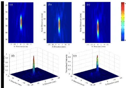 Figure 6. Normalized output acoustic intensity of the piezocrystal array with the focus set electronically to be  (a) (0, 0, 64) mm, (b) (0, 0, 69) mm, (c) (0, 0, 74) mm, (d) (0, 0, 74) mm, and (e) (2.5, 0, 74) mm 