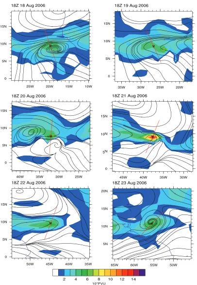 Figure 2.8:600 hPa wave-relative streamlines and PV for the pre-Ernesto AEW from theERA-Interim reanalysis.