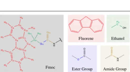 Figure  1.  Atoms names for  the  Fmoc  moiety (left)  and the  segments  used  to obtain some of its parameters (right).