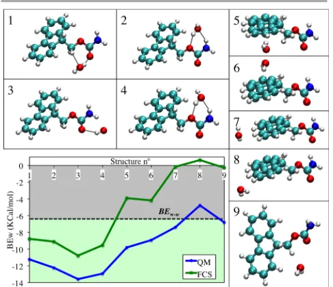 Figure 3. Optimized geometries of the Fmoc – Water systems and BEw graph for FCS (bottom left)