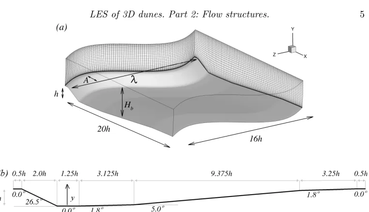 Figure 1. (a) Sketch of the physical 3D dune conﬁguration. The sine function that is super-imposed into 2D dune conﬁguration is A sin(2⇡z/�), where � is the wavelength (here � = 16h)and A is the amplitude (here A = 2h), and (b) bed geometry.