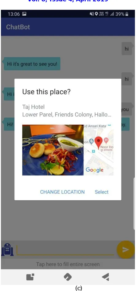 Fig (c) shows the chatbot provides you the exact thing you want by just asking you. For example, here the chatbot is proving the best hotel in the given location, to the user