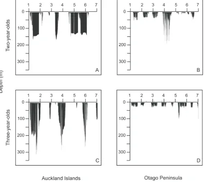 Figure 4. Dive profiles of representative juvenile female New Zealand sea lions at Auckland Islands and Otago