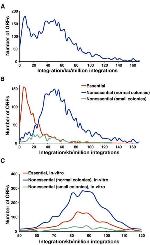 Figure 5 Essential ORFs exhibited low integration densities. (A) Thewere determined and the distributions were plotted