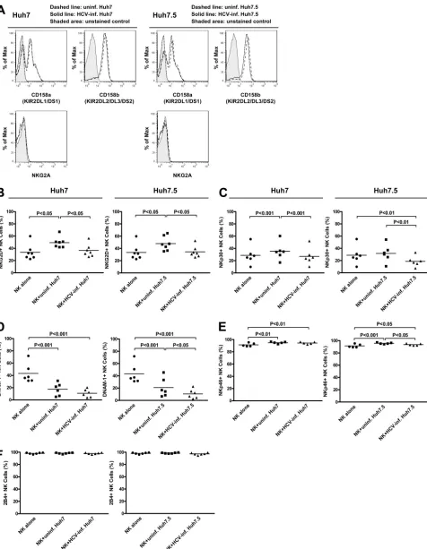 FIG. 7. NK receptor expression on NK cells after interaction with HCV-infected cells. (A) Expression of NK inhibitory receptors on NK cellsafter interaction with HCV-infected cells