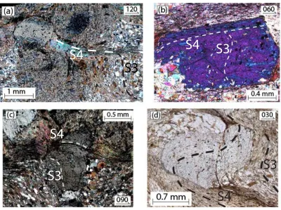Figure   9   –   (a)   example   of   an   andalusite   porphyroblast   in   the   Slacks   Creek   schists   