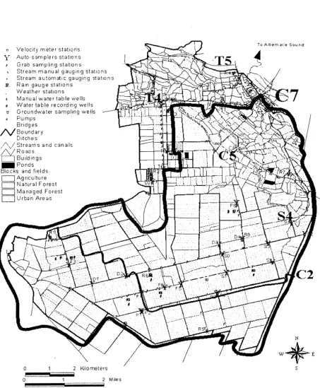 Figure 2. Diagram of 10,000 ha study watershed near Plymouth, NC. General distribution of land uses, canals, and streams is shown with sampling stations and rain gauges