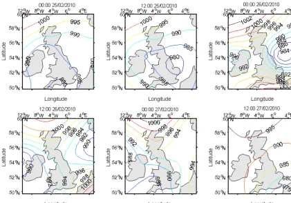Figure 7. The mean sea level pressure ﬁelds (hPa) before and during the 25–26 March 2010 storm.