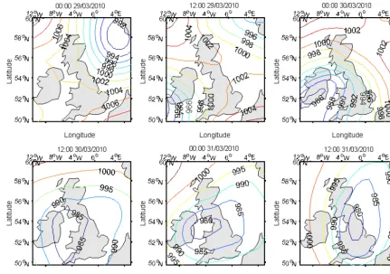 Figure 11. The mean sea level pressure ﬁelds (hPa) before and during the 30–31 March 2010 storm.