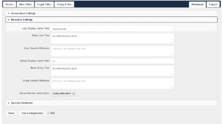 Figure 3.2: LDAP Advanced Settings, section Directory Settings User Display Name Field: The attribute that should be used as display name in ownCloud.